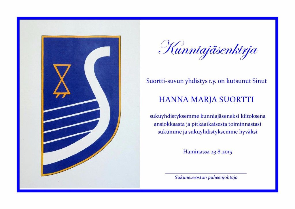 Suortti-suvun yhdistys ry:n kunniajäsenkirja